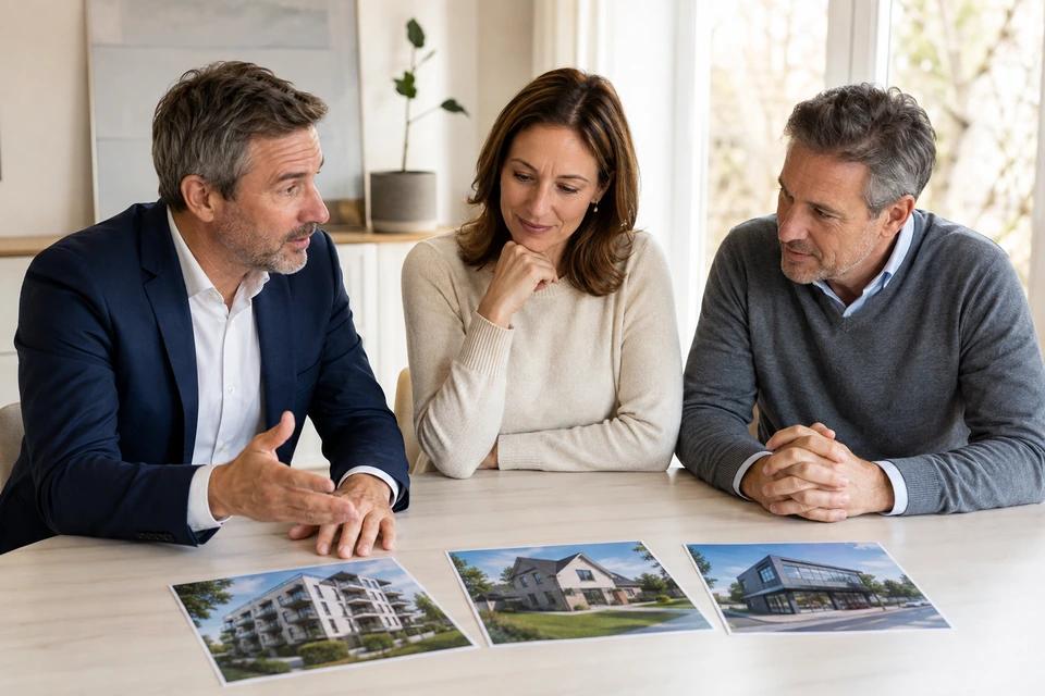 Symbolischer fachlicher Austausch einer kleinen Gruppe über Immobilien